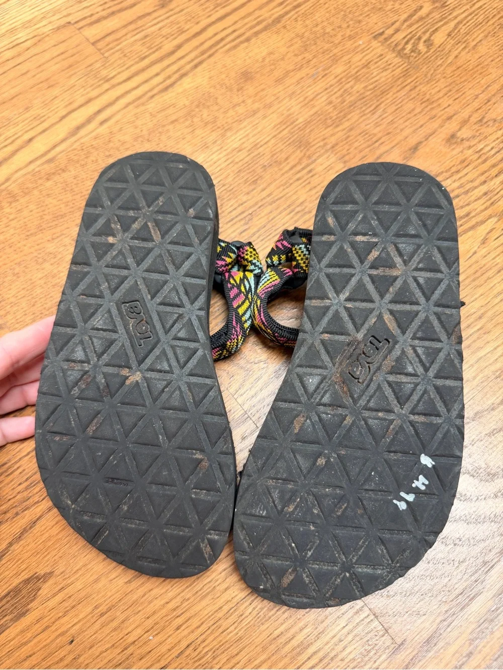 Teva Black Sandals with Yellow, Pink & Teal Patterned Straps Kids 1